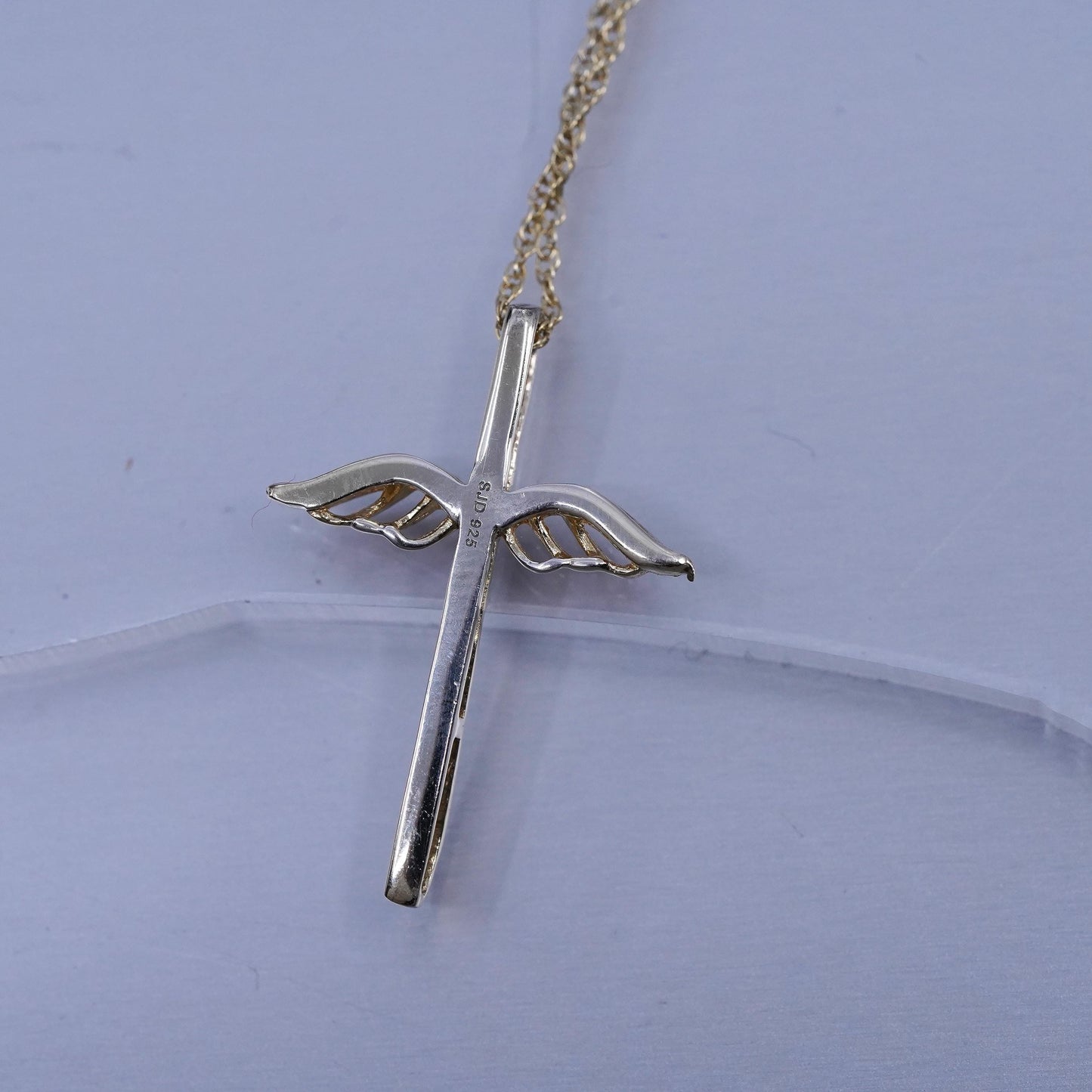 18”, vermeil gold over sterling 925 silver box necklace cross pendant diamond