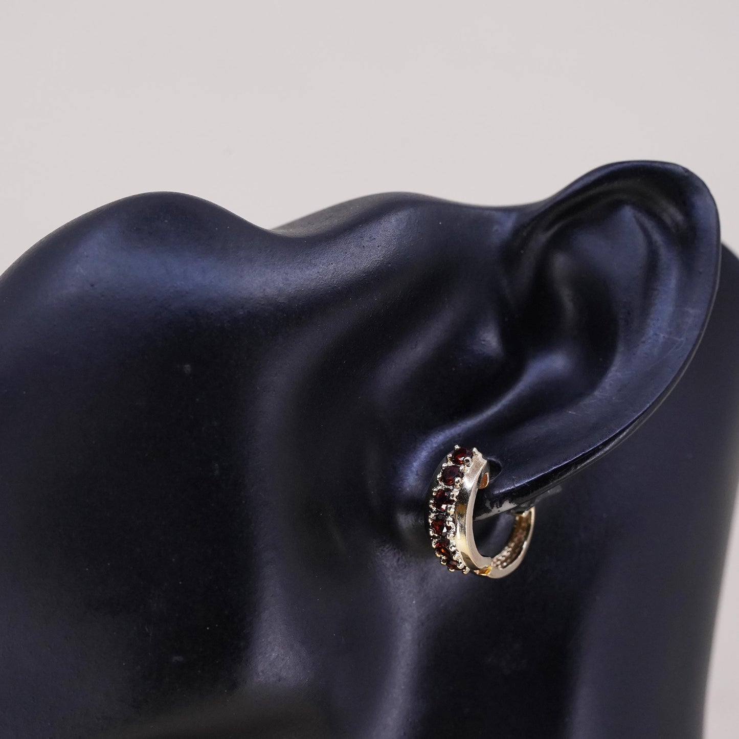 0.5”, Vintage vermeil gold sterling silver single earring, 925 huggie hoop ruby