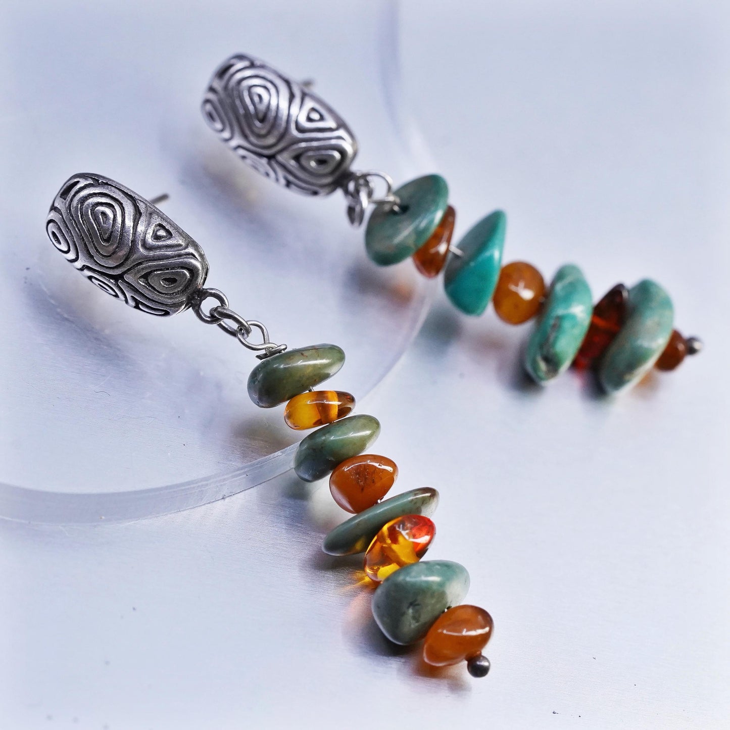 Indonesia handmade Sterling Silver handmade earrings, Turquoise Amber beads