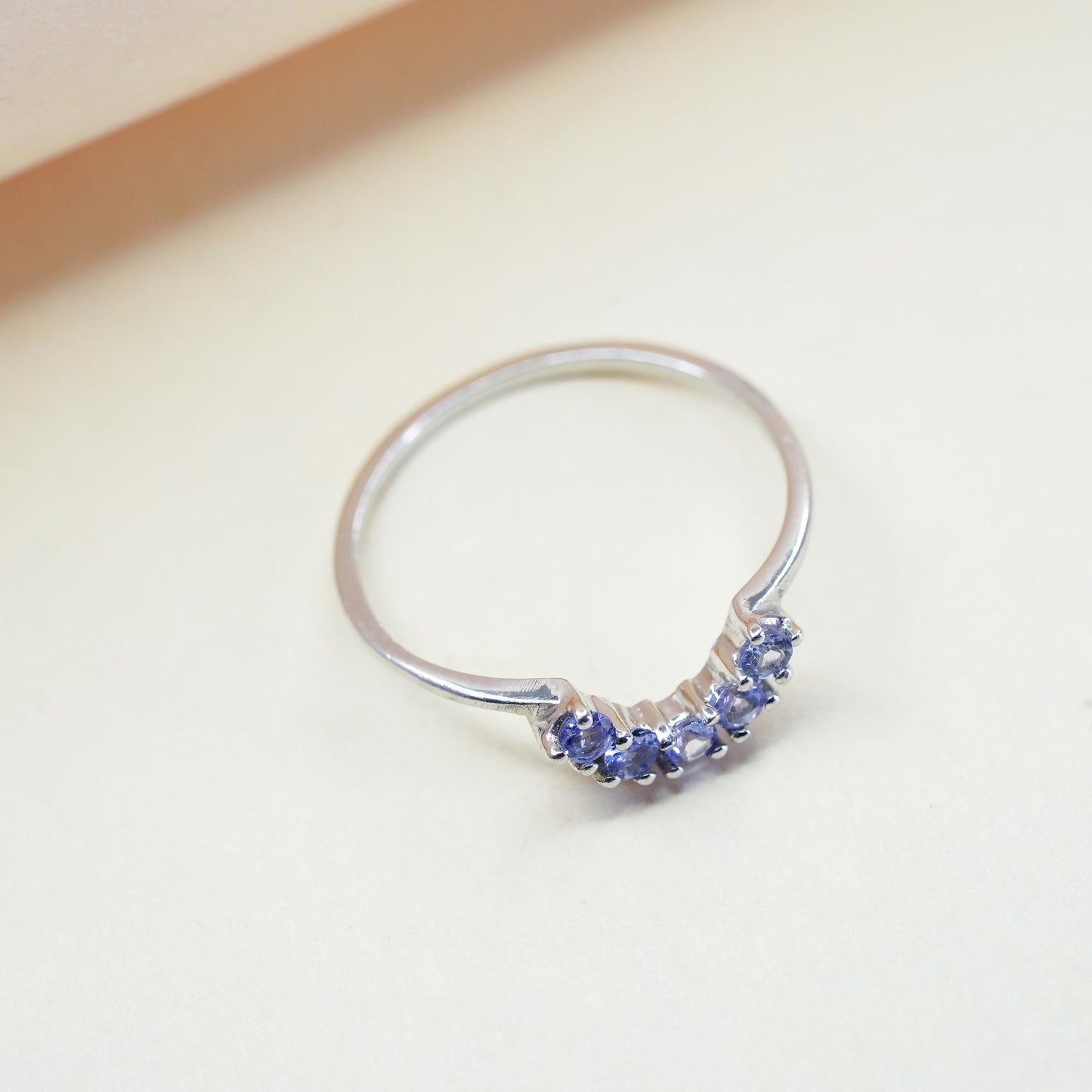 Size 8.25, Vintage sterling 925 silver stackable ring with amethyst, modernist