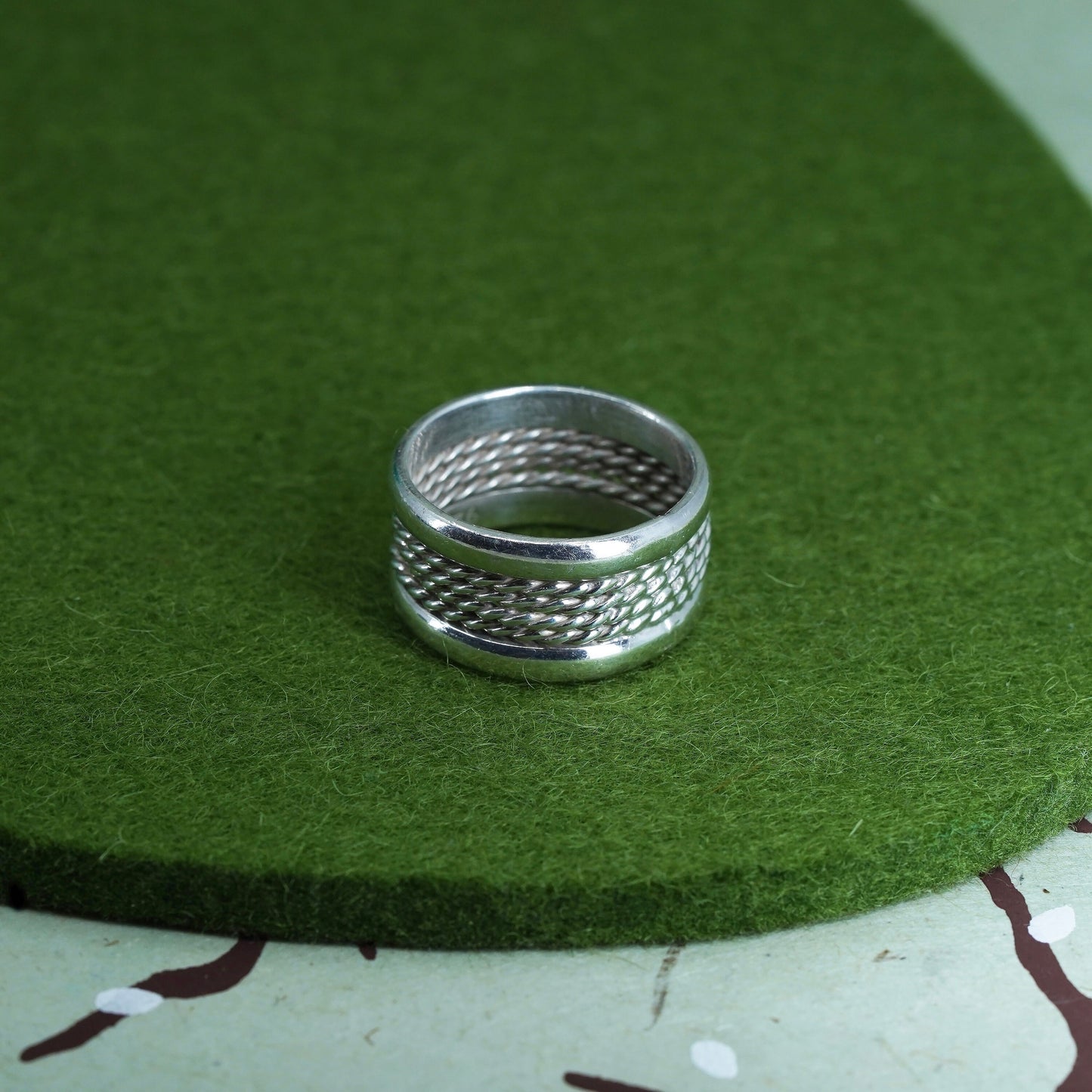 Size 8, vtg sterling silver handmade statement ring, 925 cable textured band