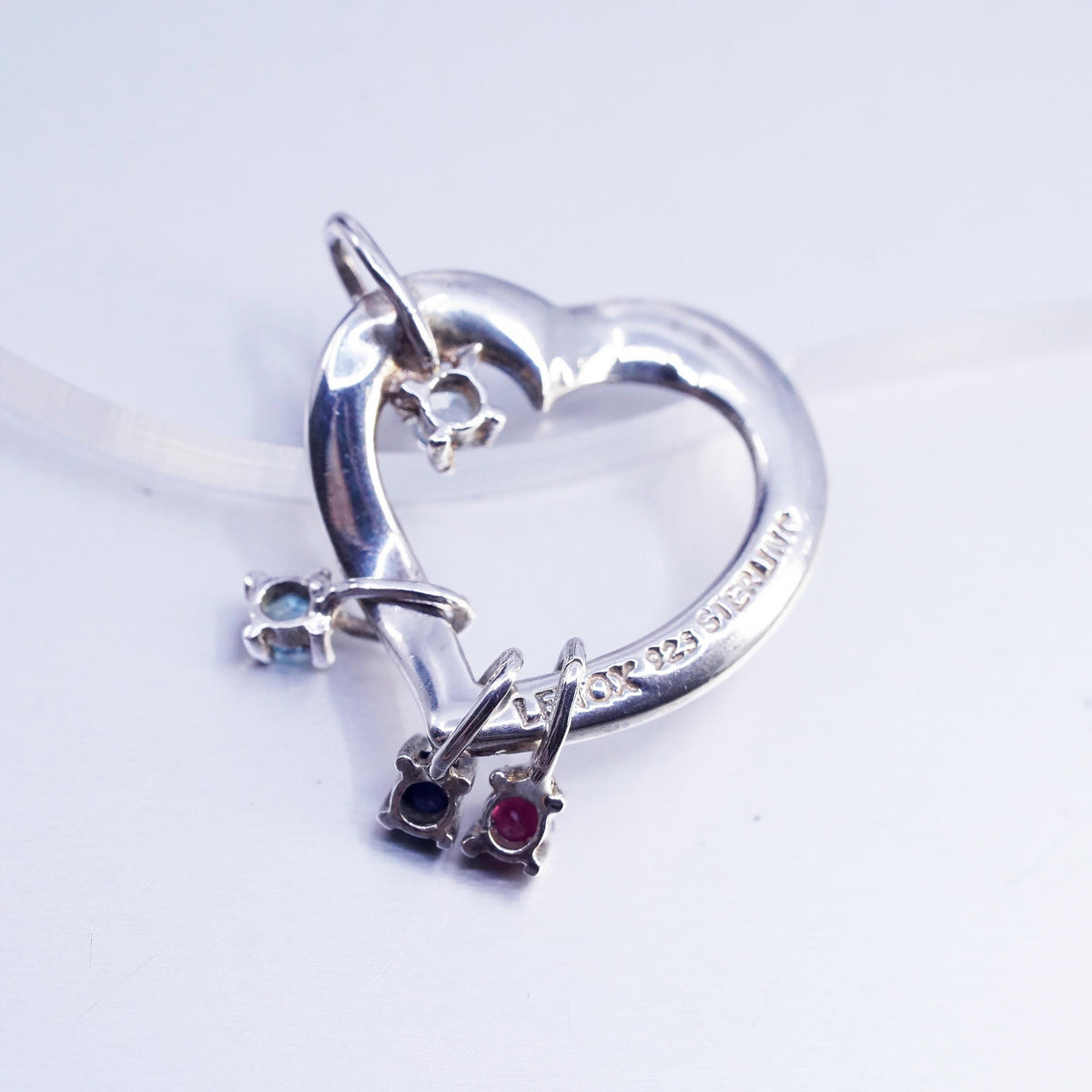 Vintage Lenox sterling 925 silver heart pendant with sapphire ruby blue topaz
