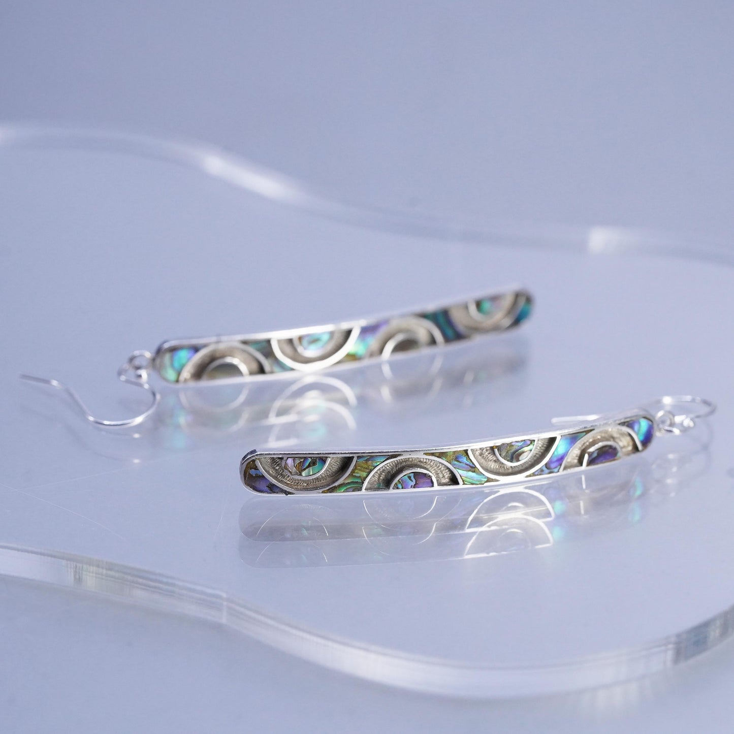 3” drop, Vintage Sterling 925 silver handmade long earrings with abalone inlay