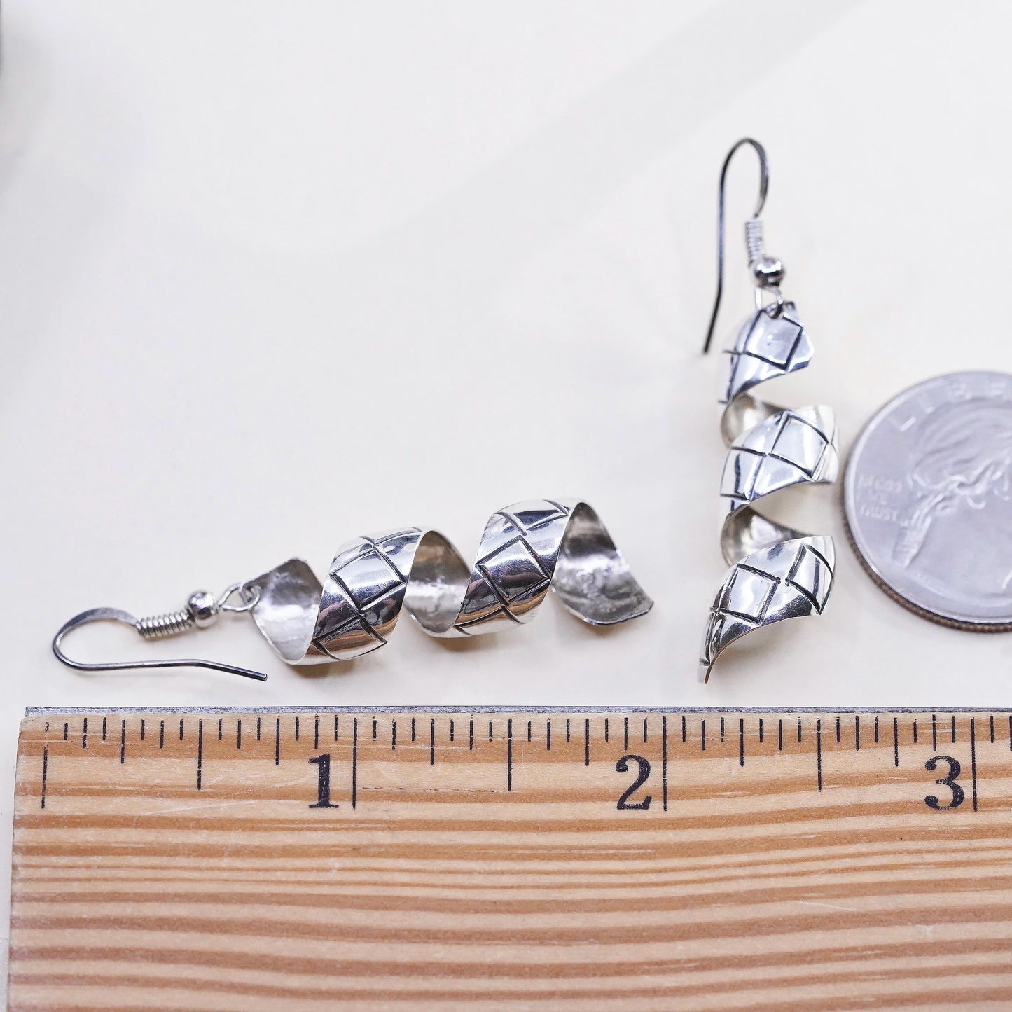 Vintage sterling silver handmade earrings, 925 twisted spiral dangles