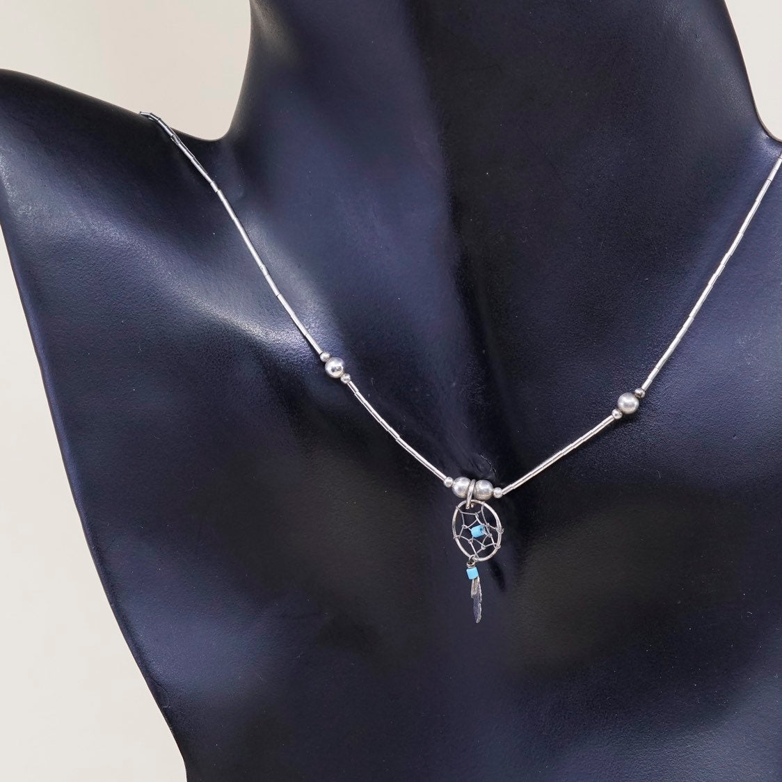 16", Vintage Native American Navajo Sterling silver handmade necklace, solid 925 silver liquid silver chain with turquoise feather pendant,