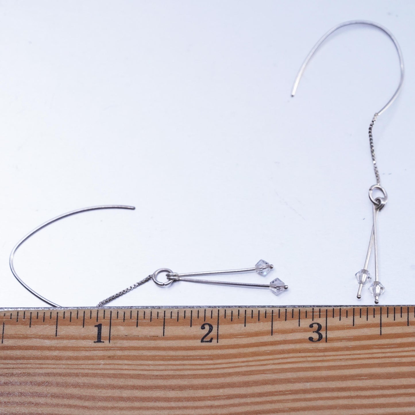 Vintage Sterling 925 silver handmade box chain fringe earrings clear crystal