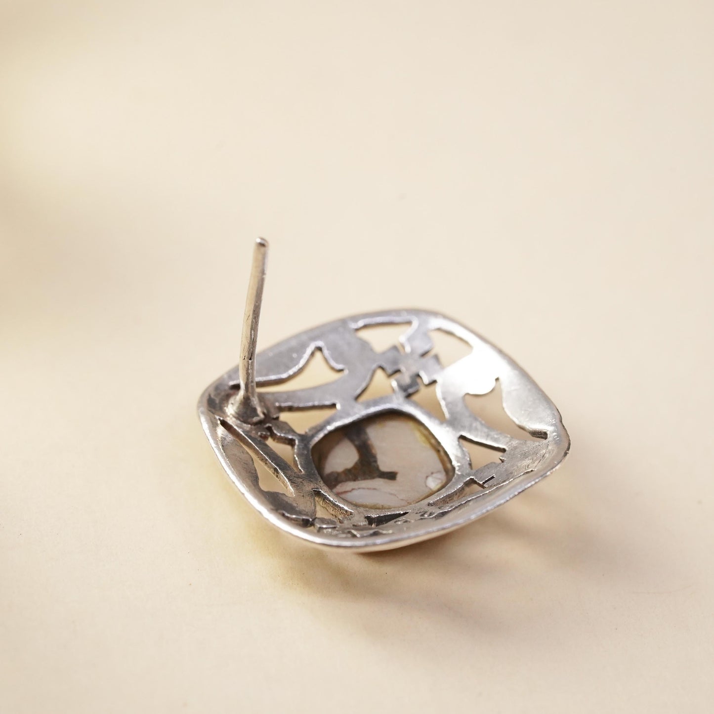 Vintage single earring. Sterling 925 silver square stud with mother of pearl