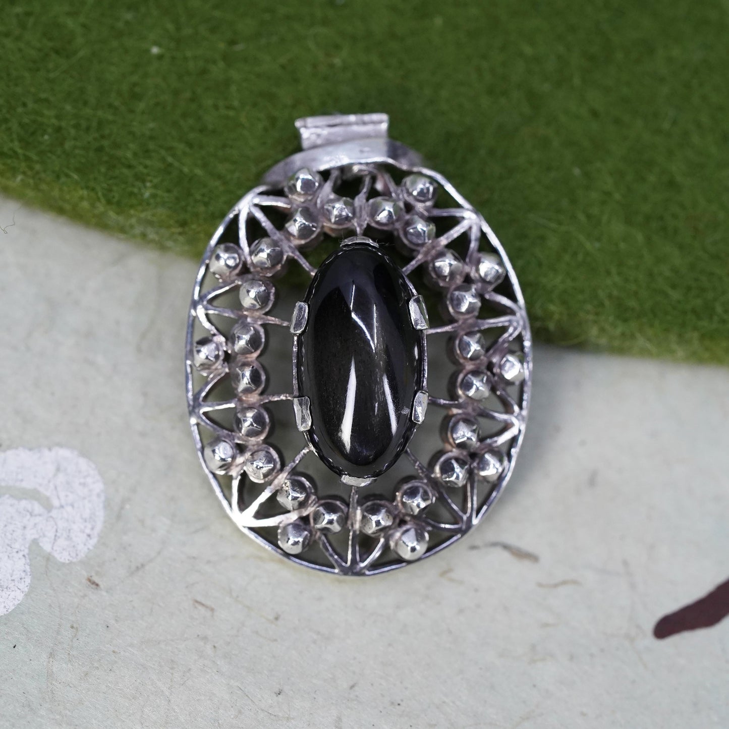vintage handmade sterling 925 silver pendant oval black star sapphire beads