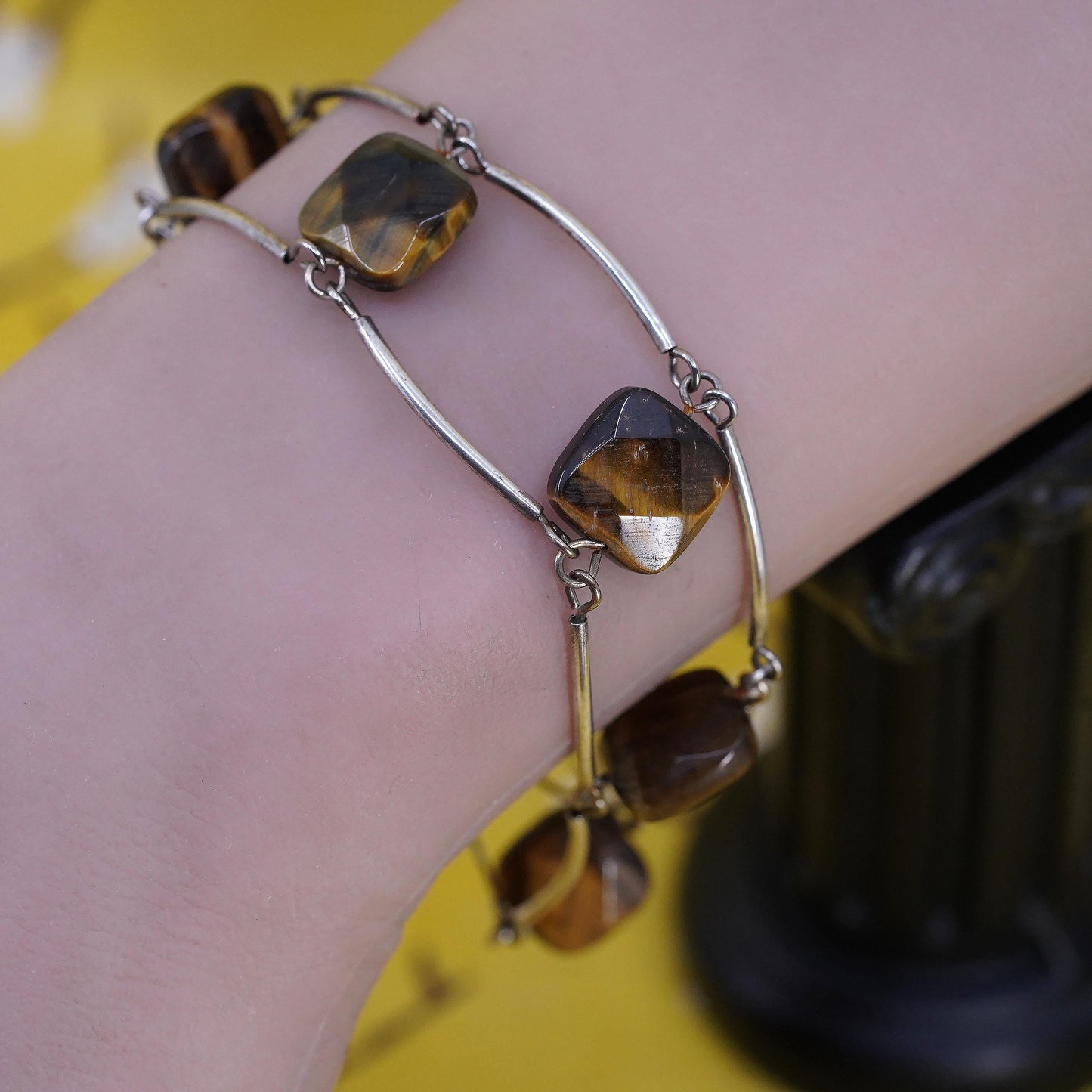 7", vintage 925 Sterling silver handmade bracelet, tube chain golden tiger eye