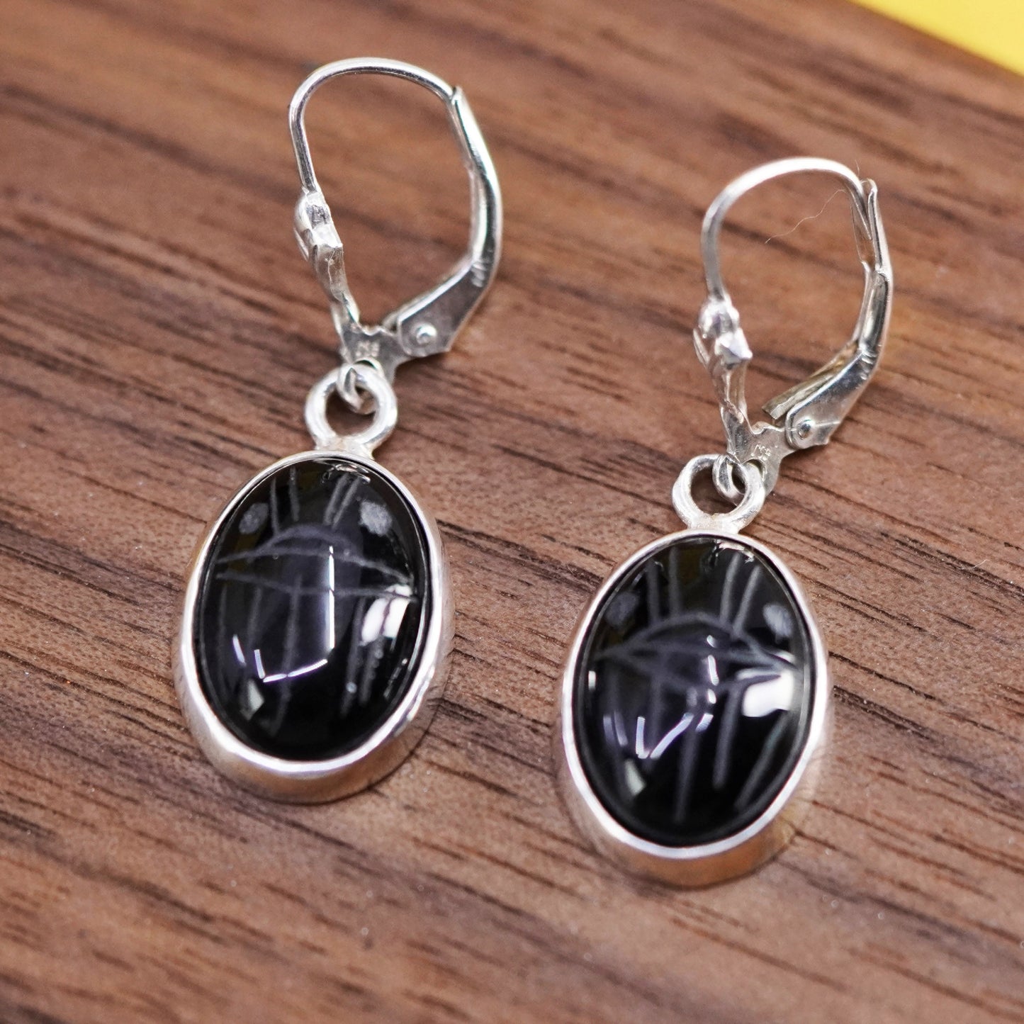 Vintage Sterling 925 silver handmade earrings with oval carved obsidian
