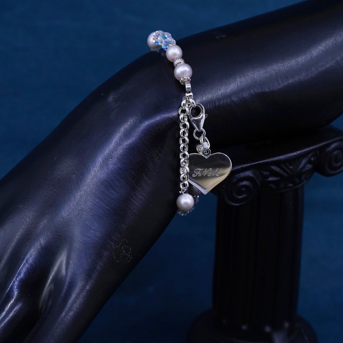 6+1", vintage Judith Jack Sterling 925 silver bracelet with pearl heart charm