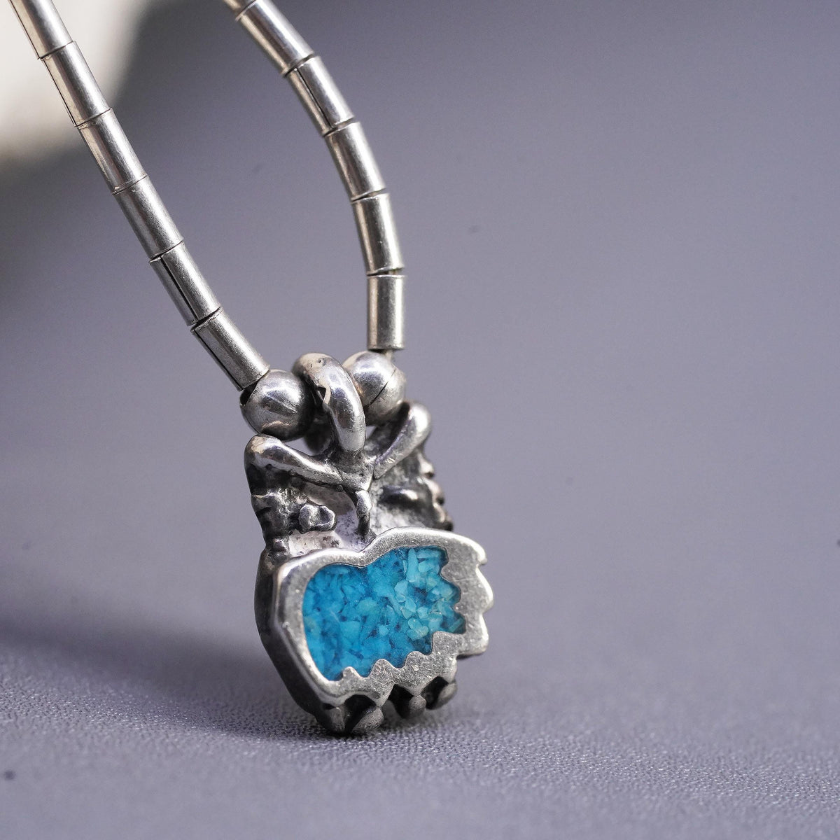 16", Native American sterling 925 liquid silver chain necklace pendant turquoise