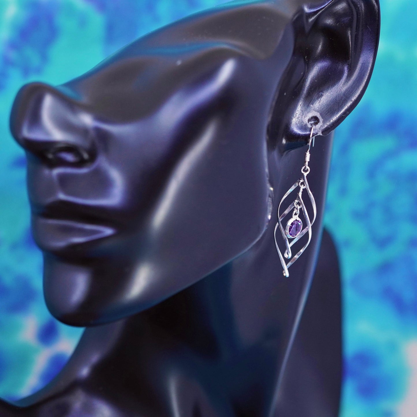 Vintage sterling silver handmade earrings, 925 twisty with amethyst