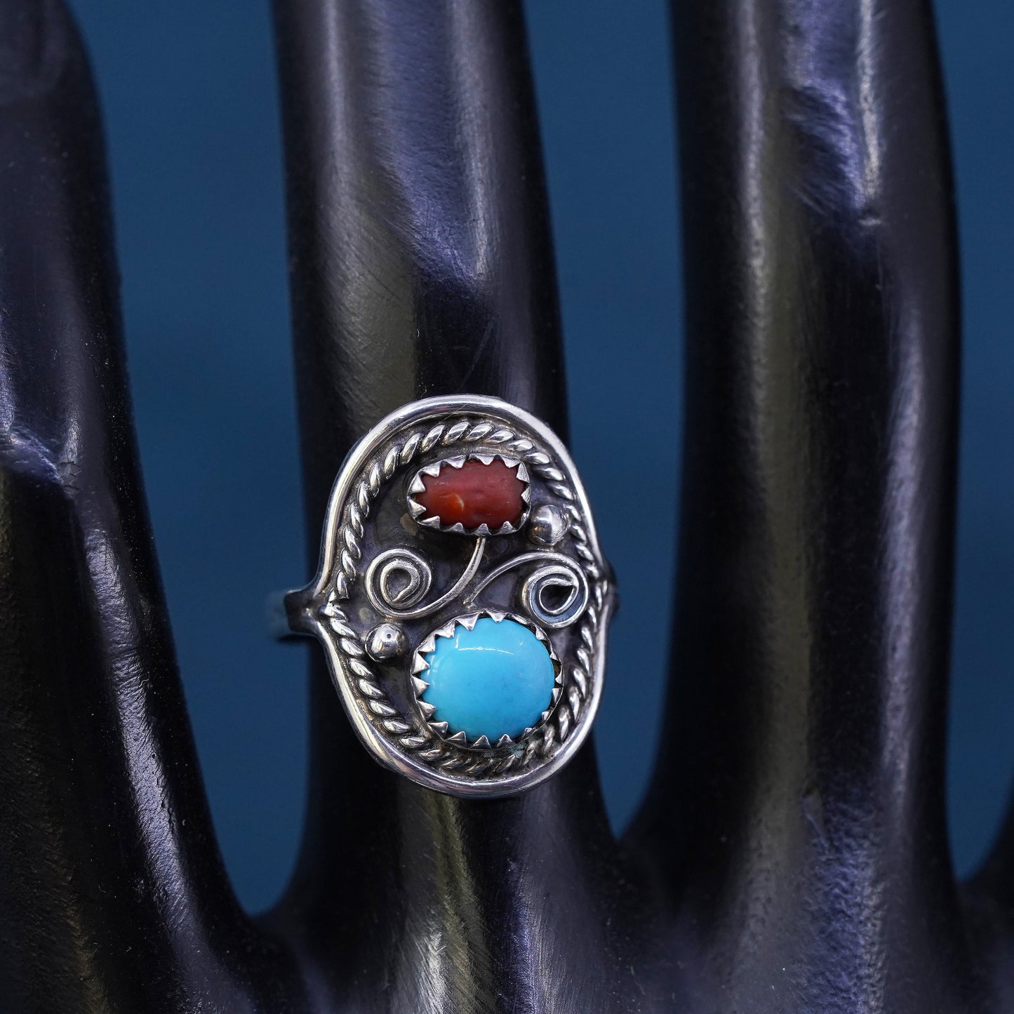 Size 6, Navajo DM Sterling 925 silver ring, Native American, turquoise coral