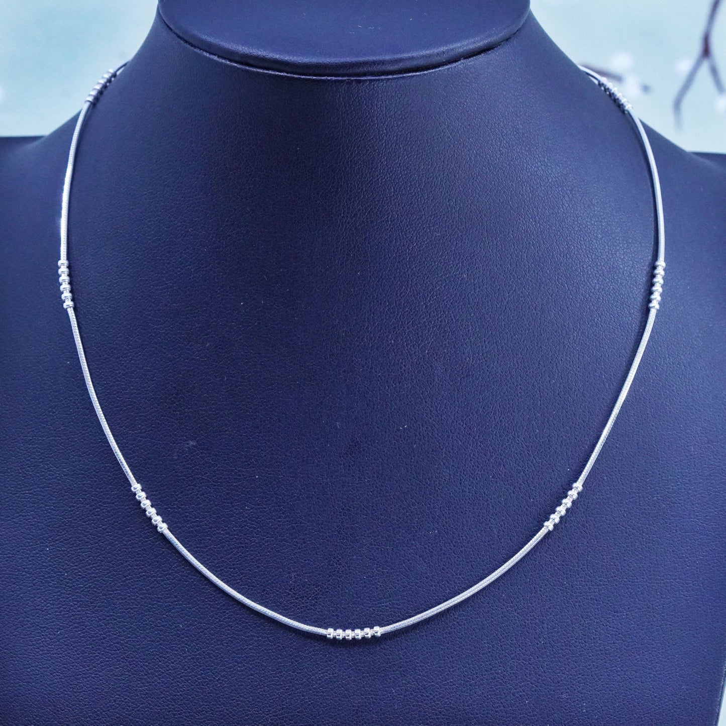 16", 1mm, Vintage sterling silver snake chain with beads, Italy 925 necklace