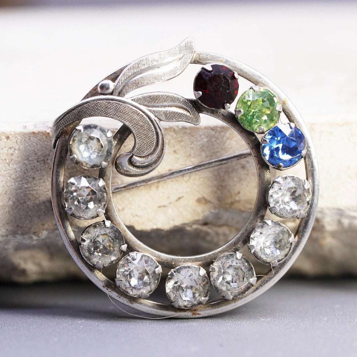 Vintage Van Dell Sterling silver handmade brooch, 925 circle pin w/ Rhinestone