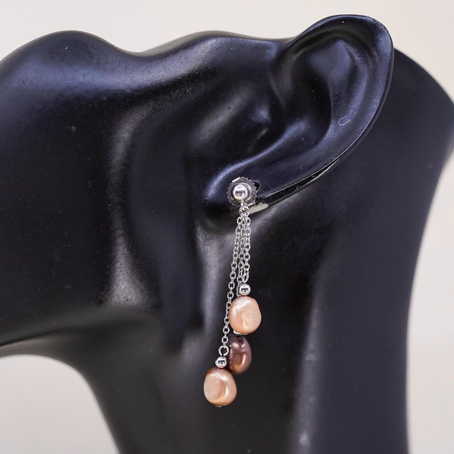 Vintage Sterling 925 silver fringe earrings with oval dyed freshwater pearl