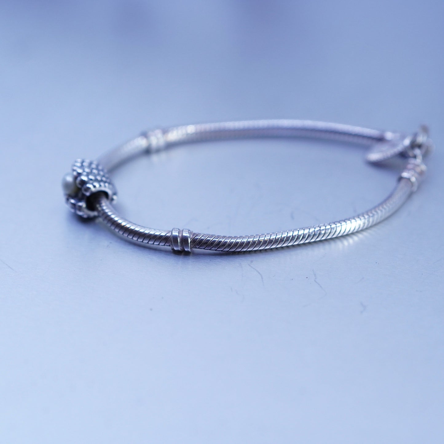 7”, Pandora Sterling 925 silver bracelet, bold snake link chain w/ pearl shell