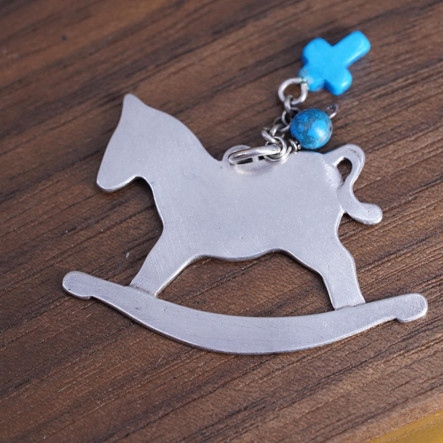 925 Sterling Silver Rocking Horse Pendant Turquoise Cross Charm, Nursery Horse