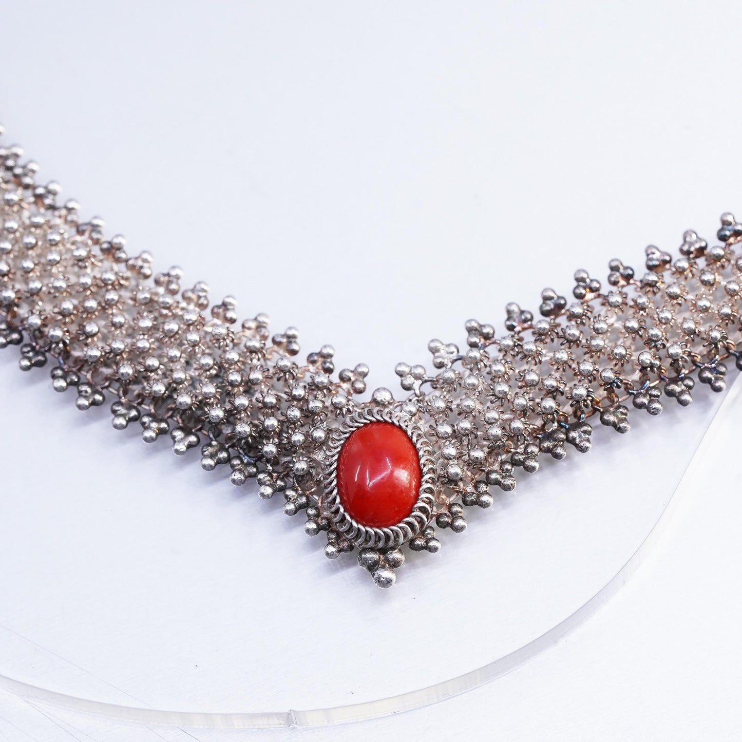 16" Italian Sterling 925 silver wide beaded chain necklace red onyx pendant