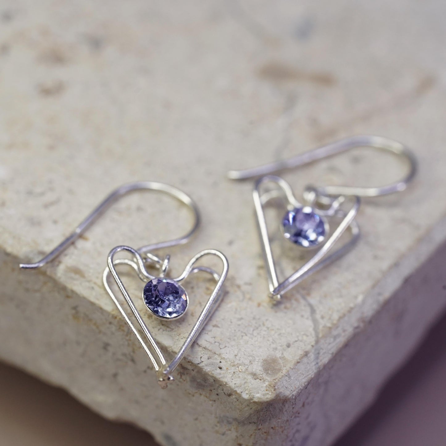 Vintage Sterling silver handmade earrings, 925 heart drops with dancing cz