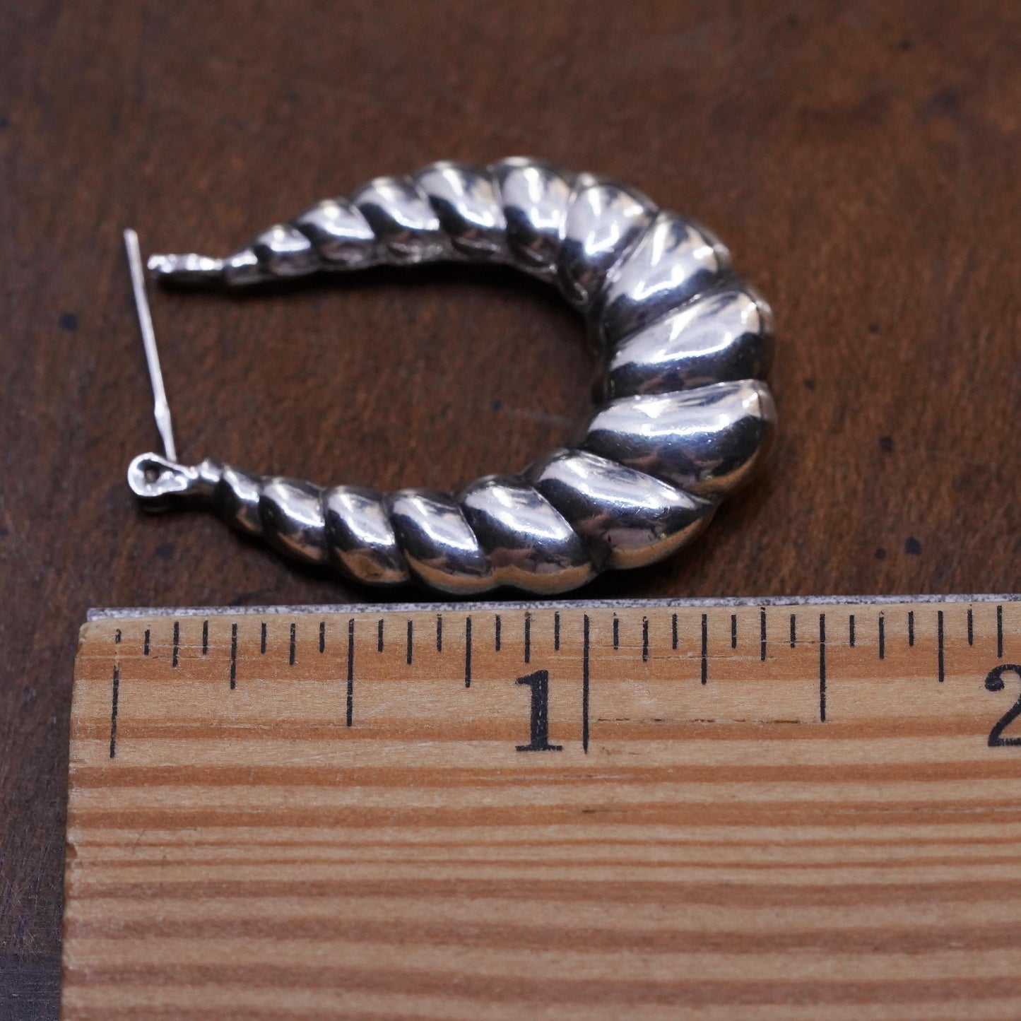 1.25", Vintage sterling silver loop single earring, fashion ribbed hoop