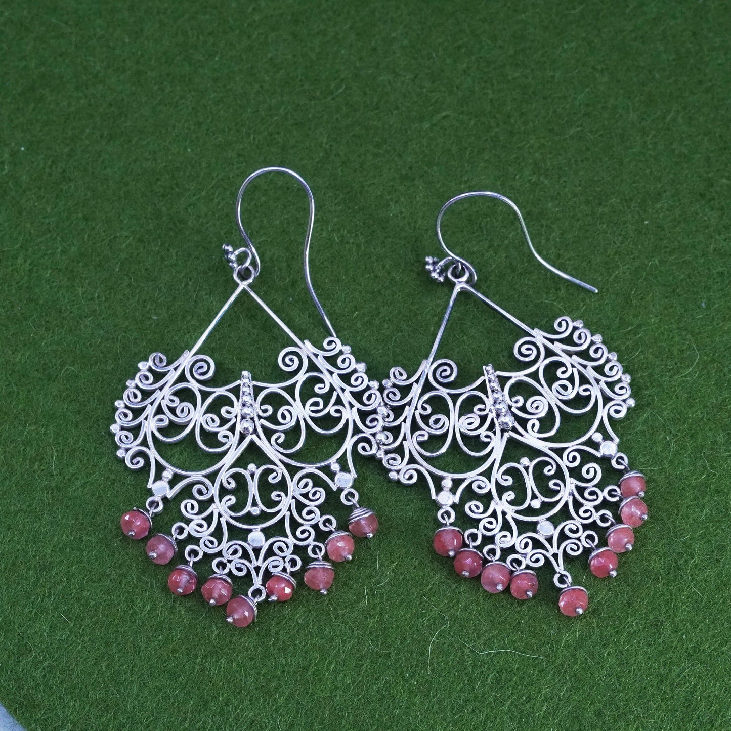 Sterling silver handmade huge earrings, 925 filigree swirly dangles rose quartz