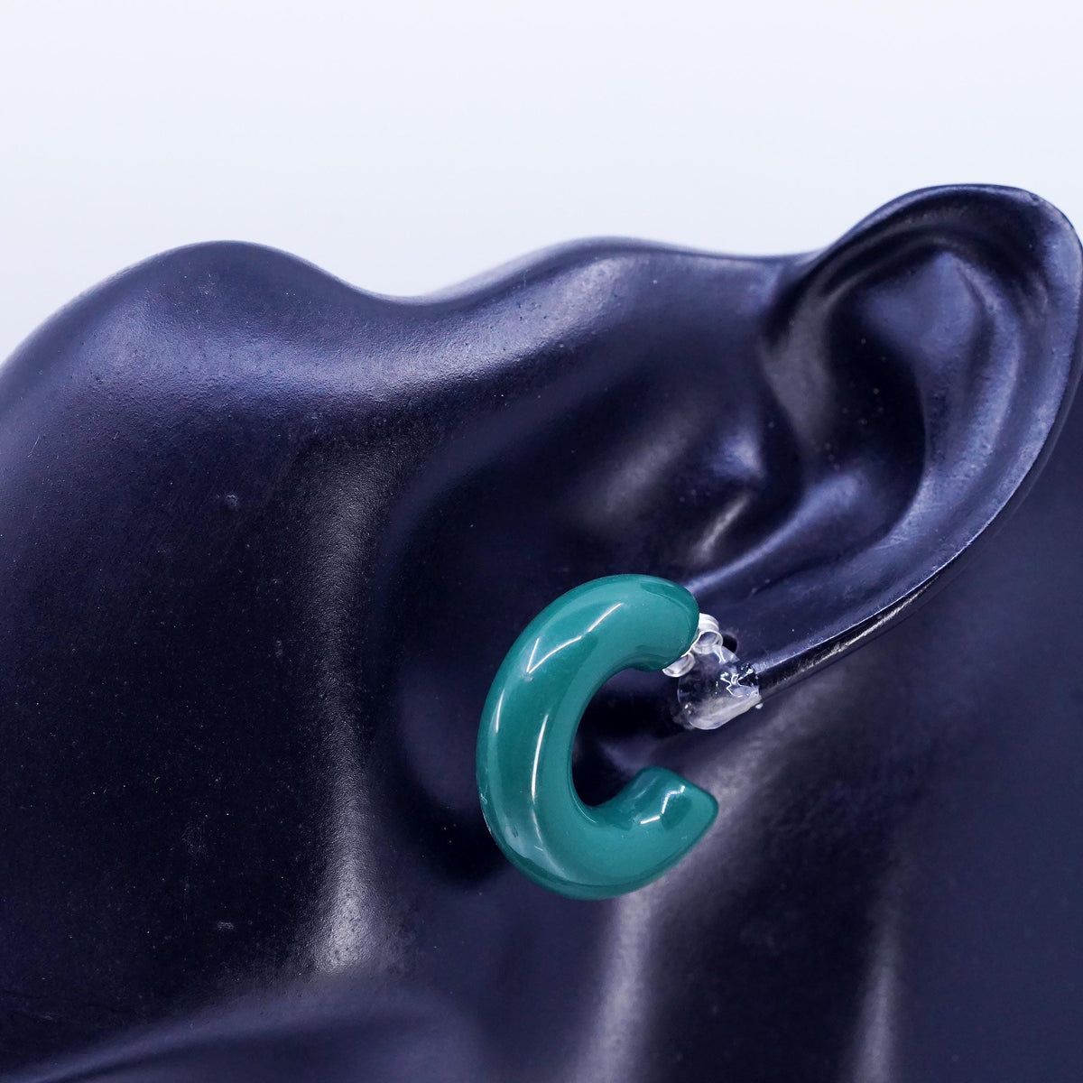 Vintage 925 Sterling Silver Handmade Hoop Earrings, huggie studs green resin