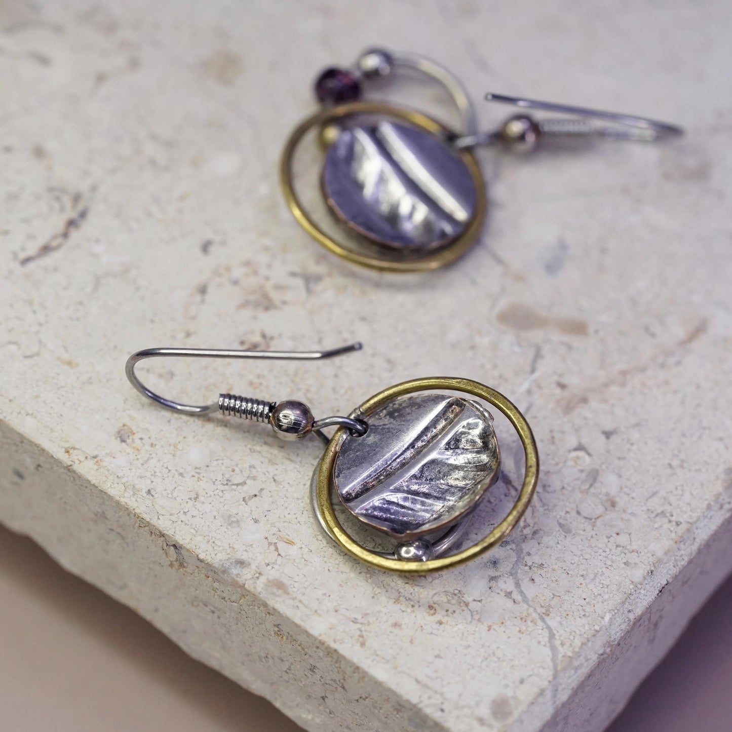 Vintage Two Tone Sterling silver handmade earrings, 925 disc w/ beads and brass