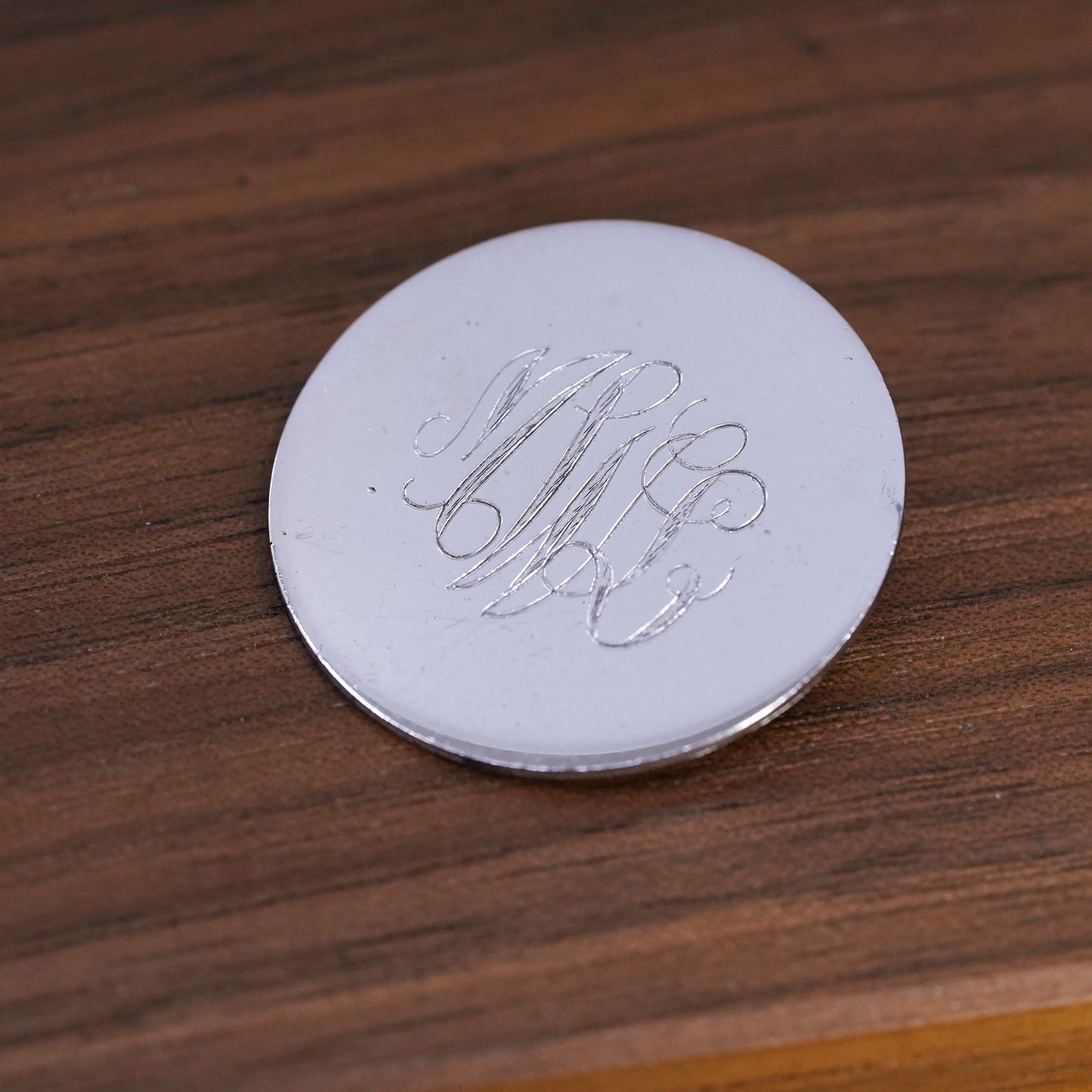 Vintage handmade sterling silver pin, 925 circle brooch monogram initial “MLW”