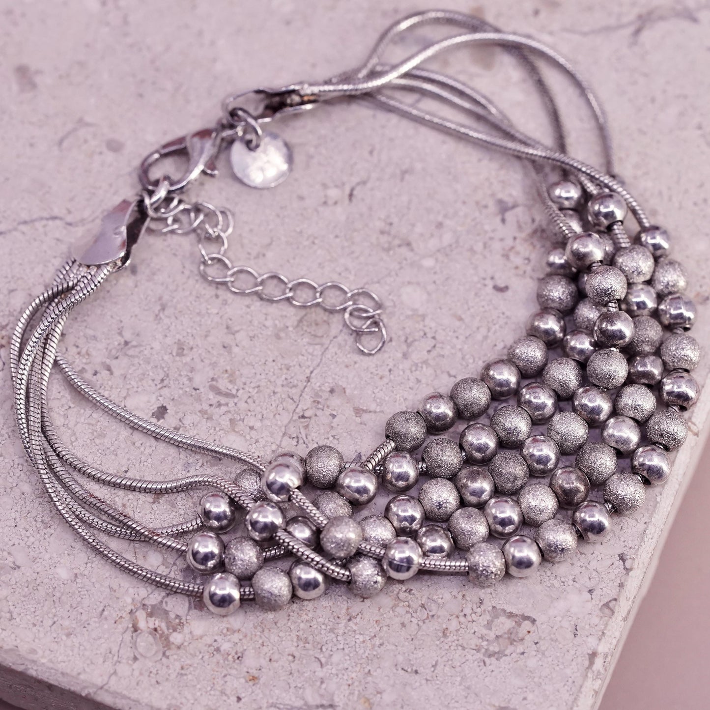 7+2”, vintage Sterling silver bracelet, 925 multi 5 strands snake chains beads