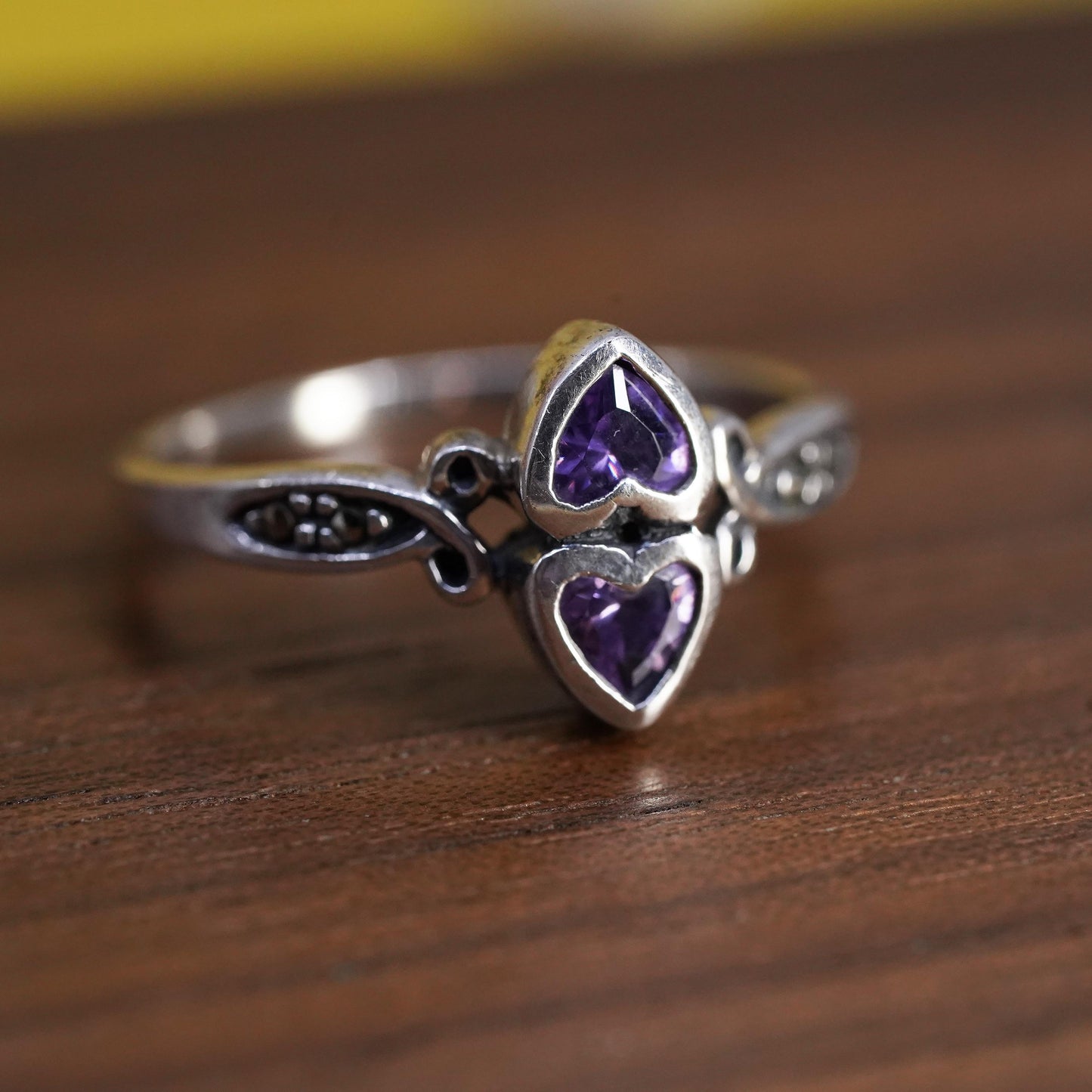 Size 7.25, vintage Sterling silver handmade ring, 925 band with heart amethyst