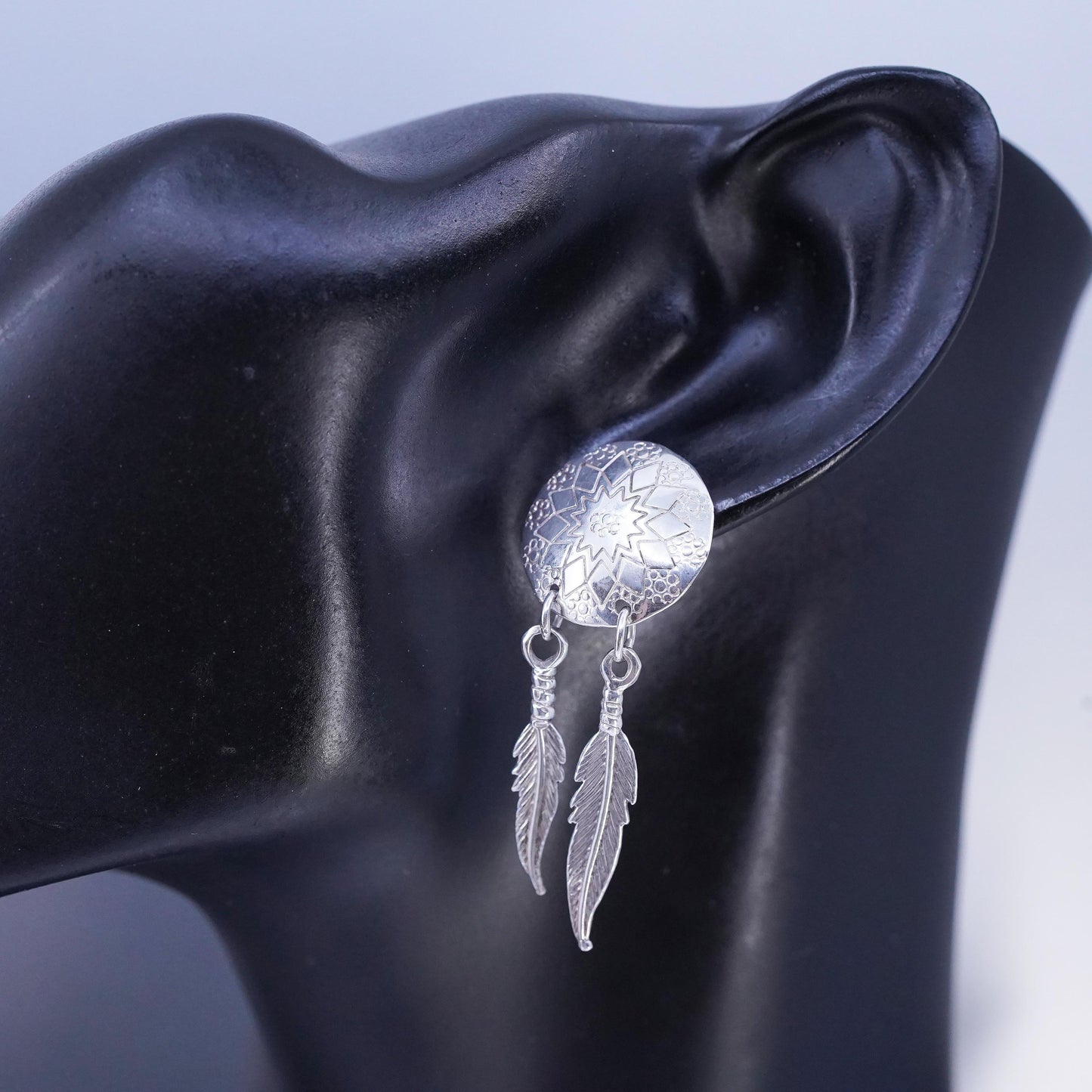 Native American Earson Sterling silver earrings, 925 disc feather dangles