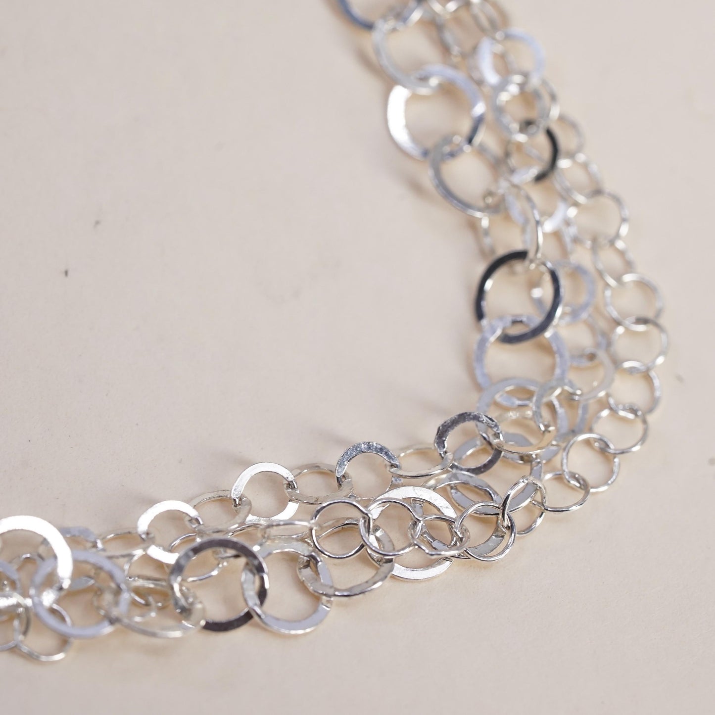 7.75”, Vintage sterling silver multi strands bracelet, 925 flatten circle chain