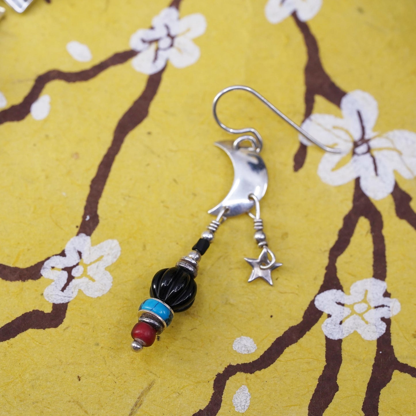 Native American Sterling 925 silver moon star earrings onyx turquoise