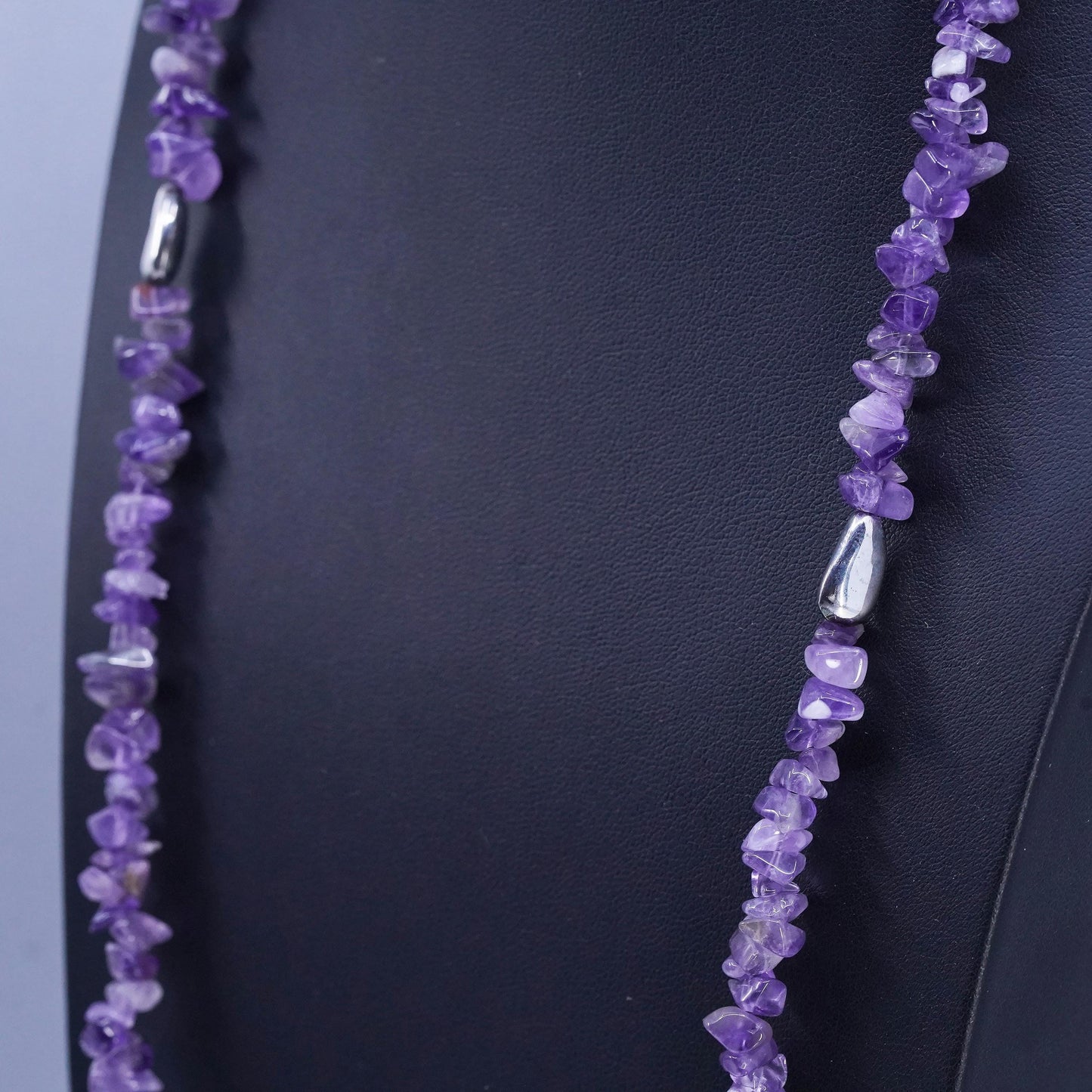 40”, Vintage sterling 925 silver handmade extra long necklace w/ amethyst beads