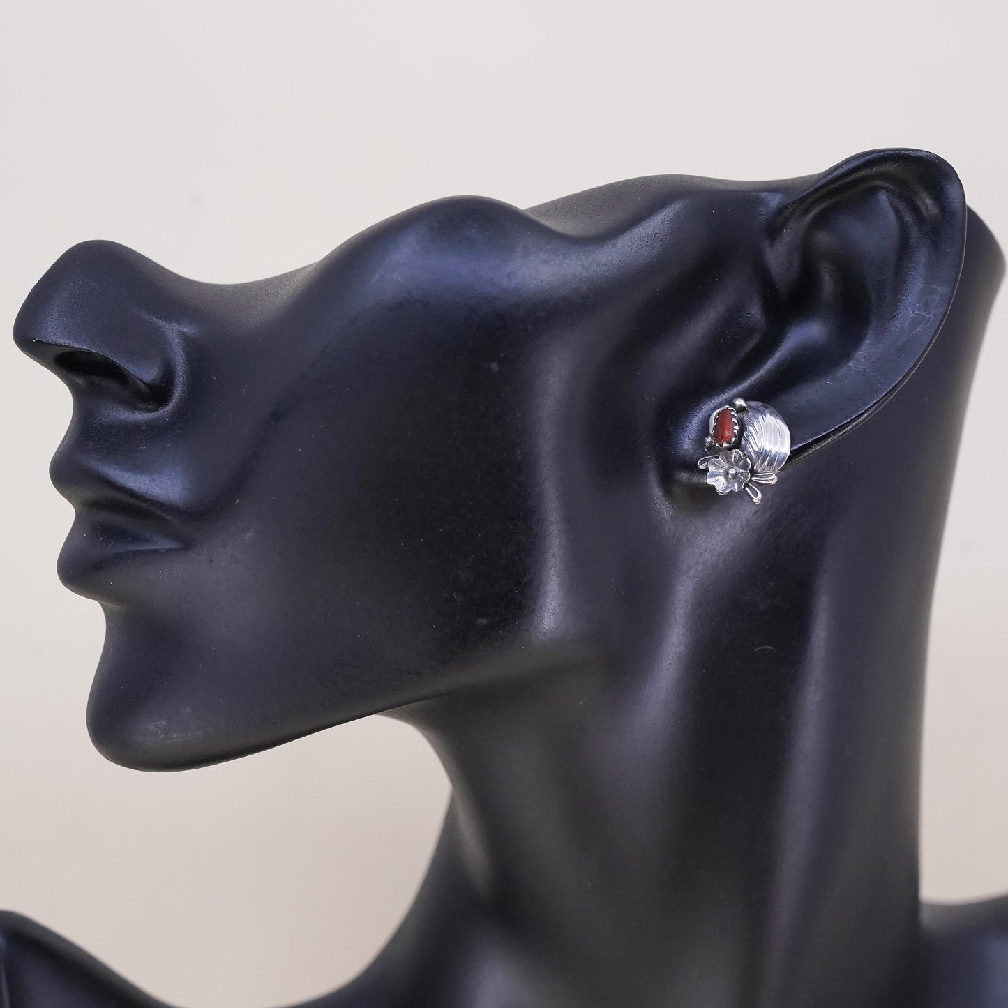 Native American Navajo handmade single earring. Sterling 925 silver stud coral