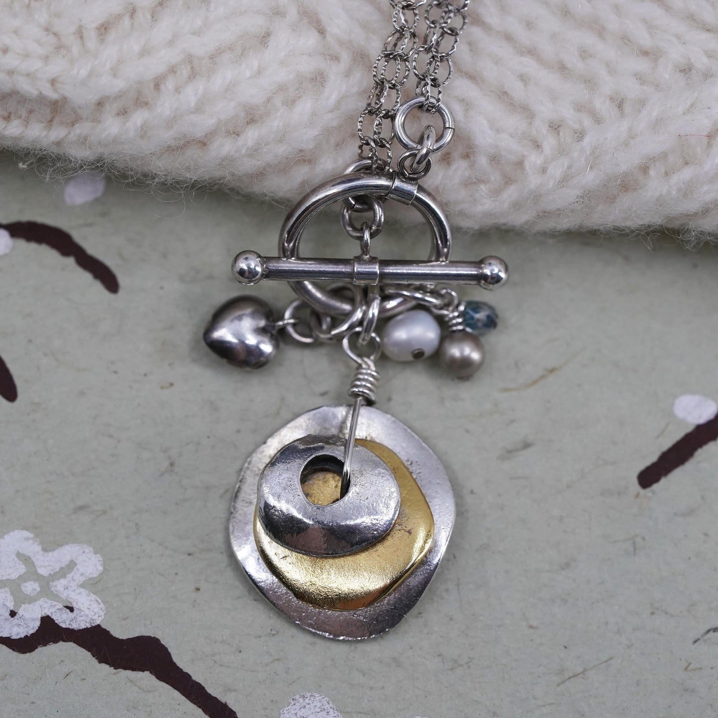 16", southwestern sterling silver double circle chain two tone discs pendant