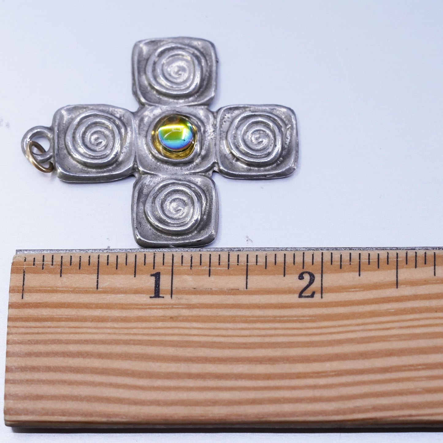 Vintage sterling 925 silver handmade cross pendant with glass bead