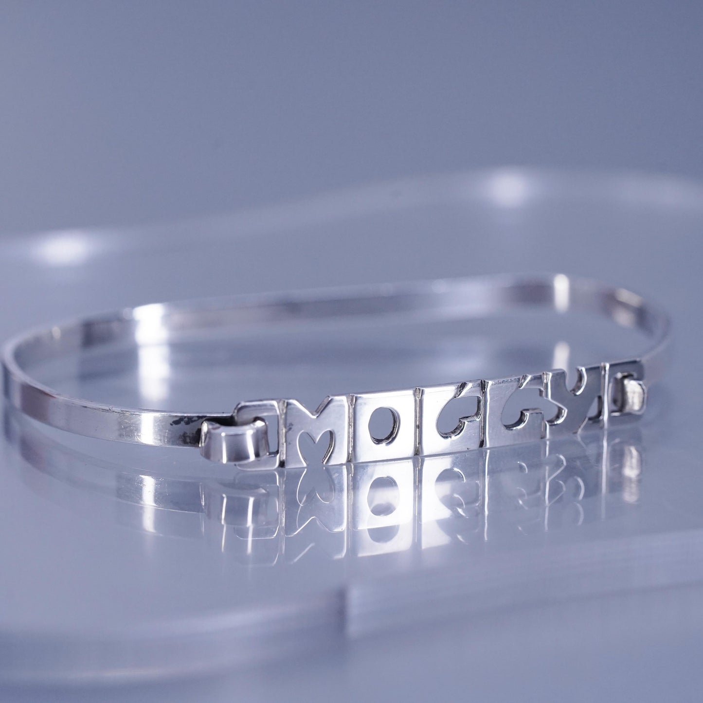 5.5”, Leonore Doskow 1970 Name Moccy Sterling 925 silver bracelet hinged bangle