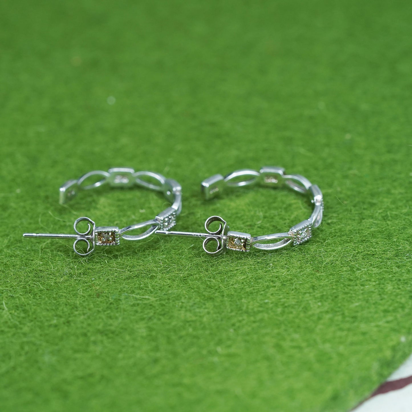 0.75", Vintage sterling silver earrings, 925 silver huggie with genuine diamond