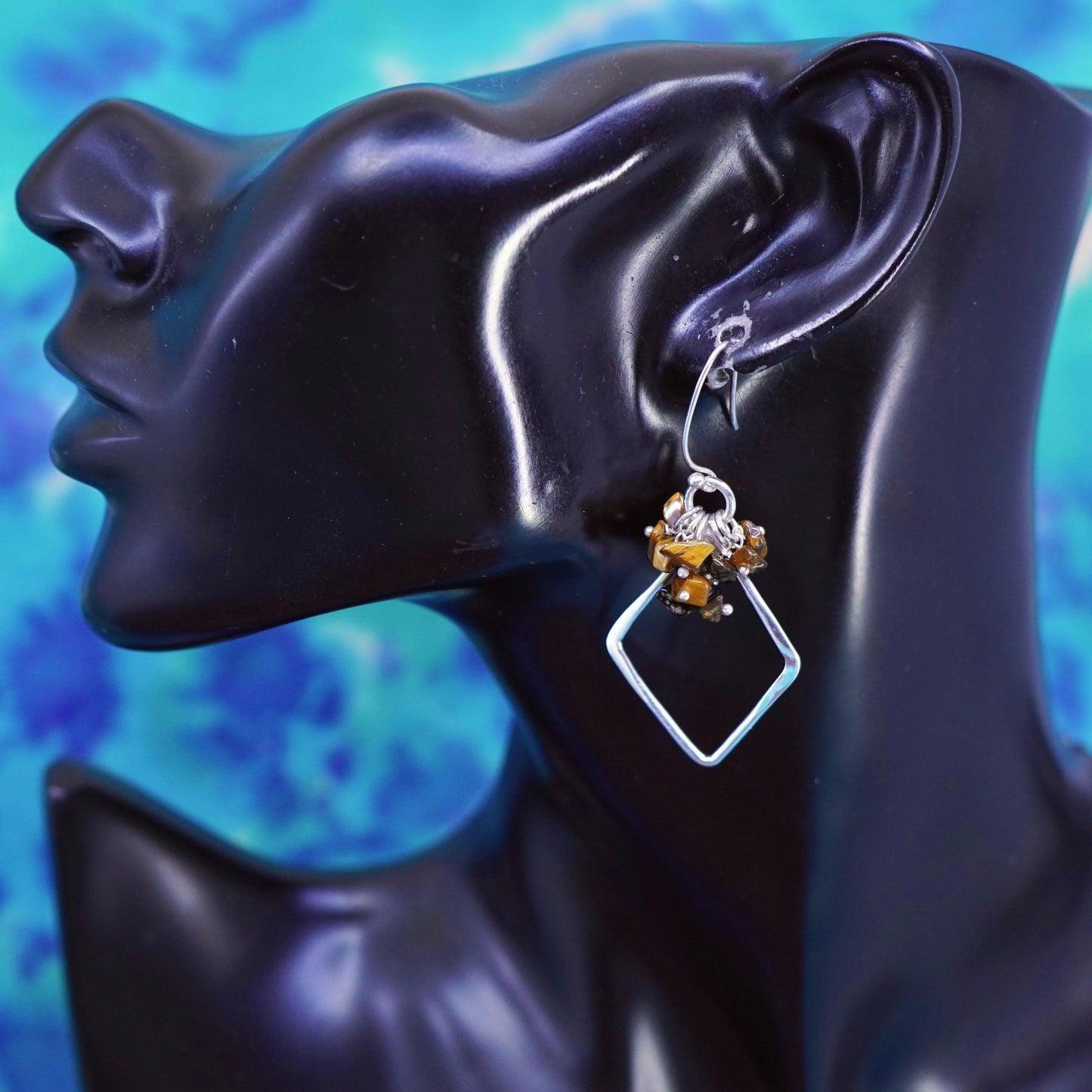 Sterling silver earrings, 925 diamond drops cluster golden tiger eye beads