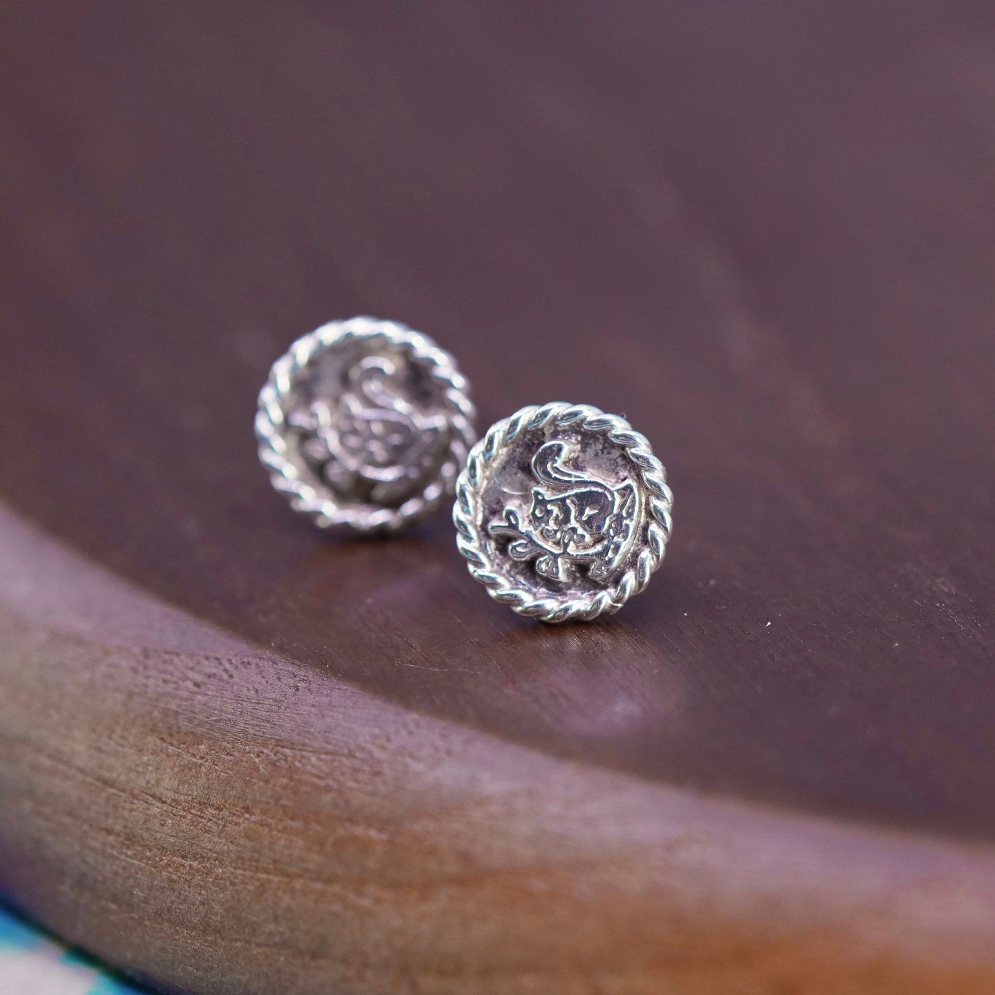 southwestern Sterling silver handmade earrings, 925 squirrel embossed studs