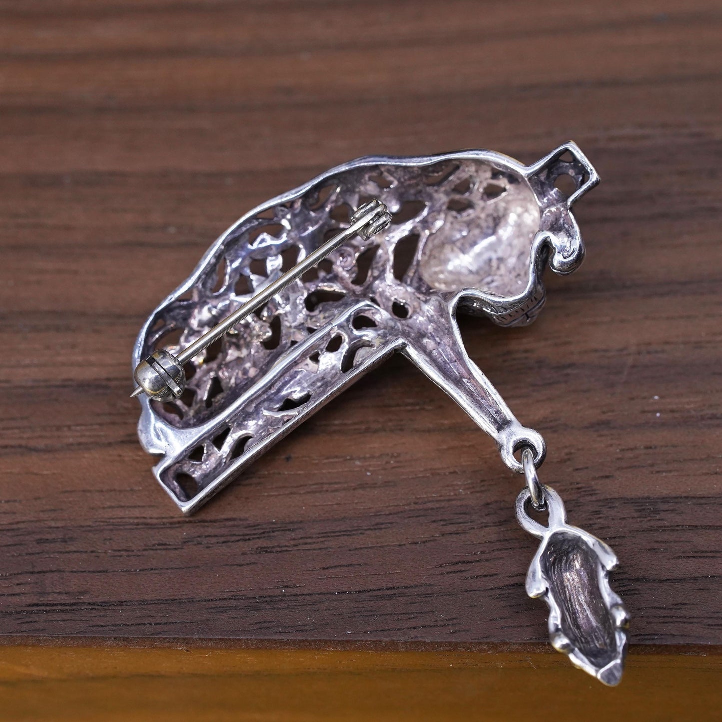 Vintage Jezlaine filigree 925 Cat Pin Brooch Sterling Silver mouse charm Dangle