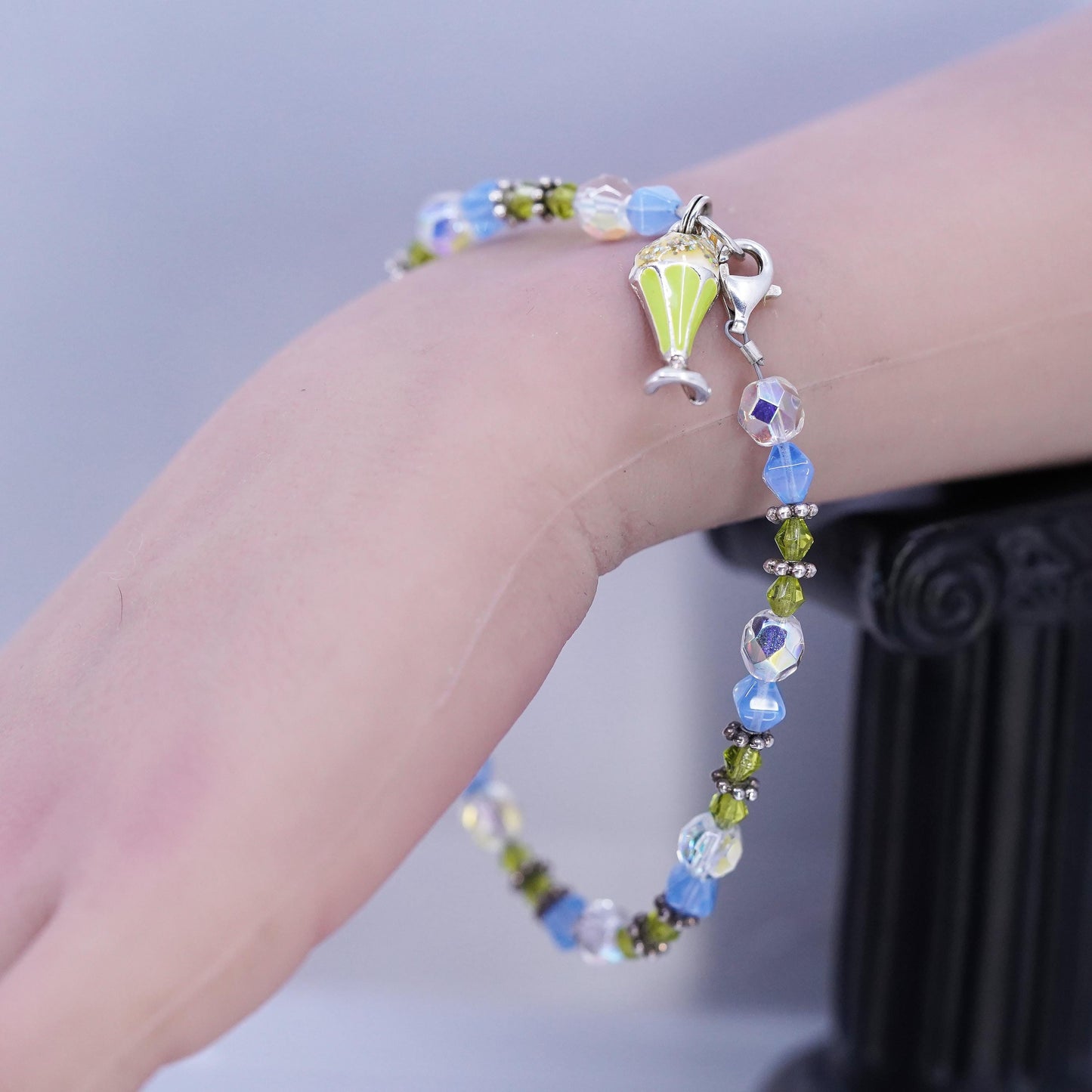 8.75", Sterling 925 Silver Bead Bracelet, green crystal chain ice cream charm