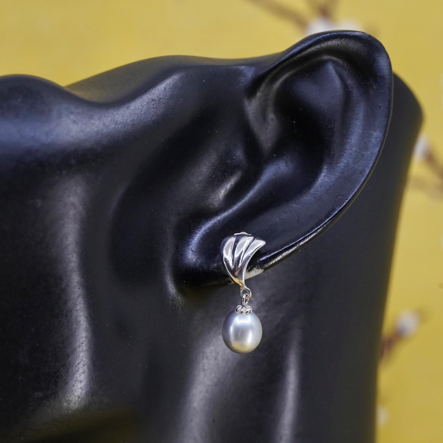 Vintage Sterling silver handmade earrings, 925 shell studs w/ gray pearl drops
