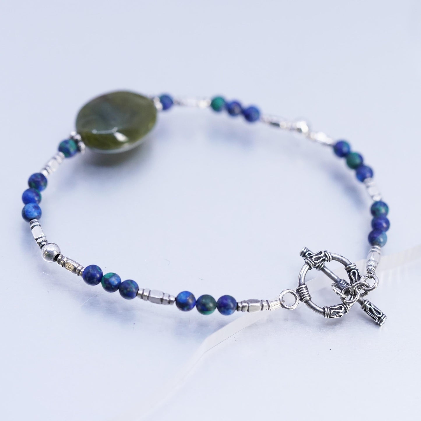 7.75", Vintage Sterling 925 Silver Handmade ammonite Bead Bracelet Jade charm