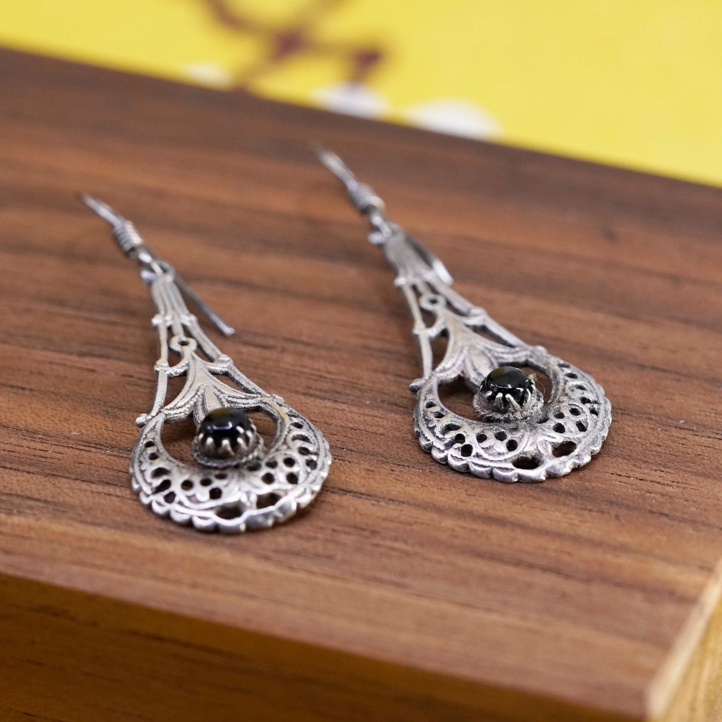 Vintage Sterling silver handmade earrings, 925 Filigree teardrop drops w/ onyx