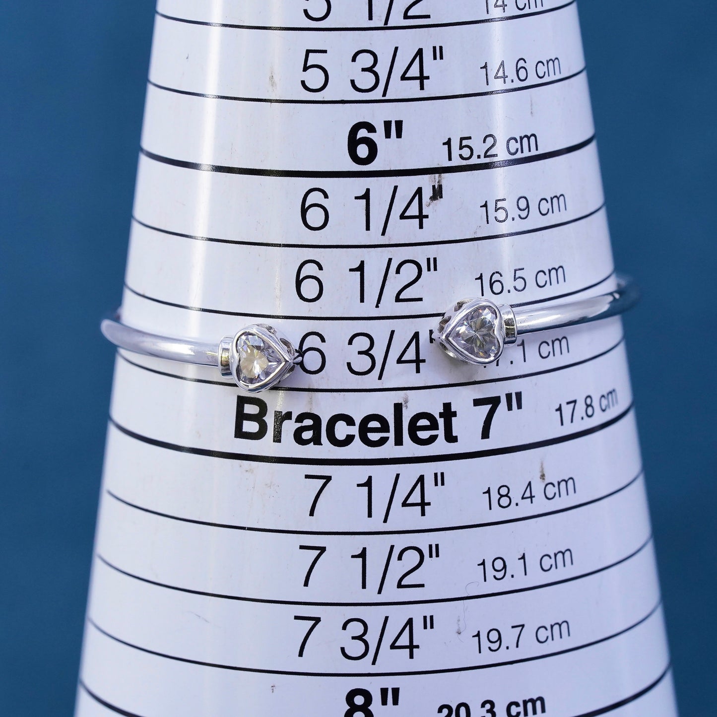 6.75”, vintage Sterling 925 silver stackable cuff bracelet with heart cz ends