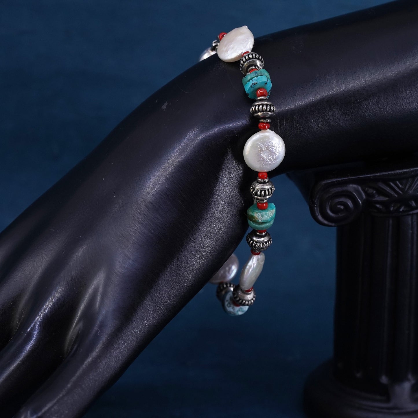 7.5”, sterling silver bracelet, Native American navajo turquoise and coin pearl